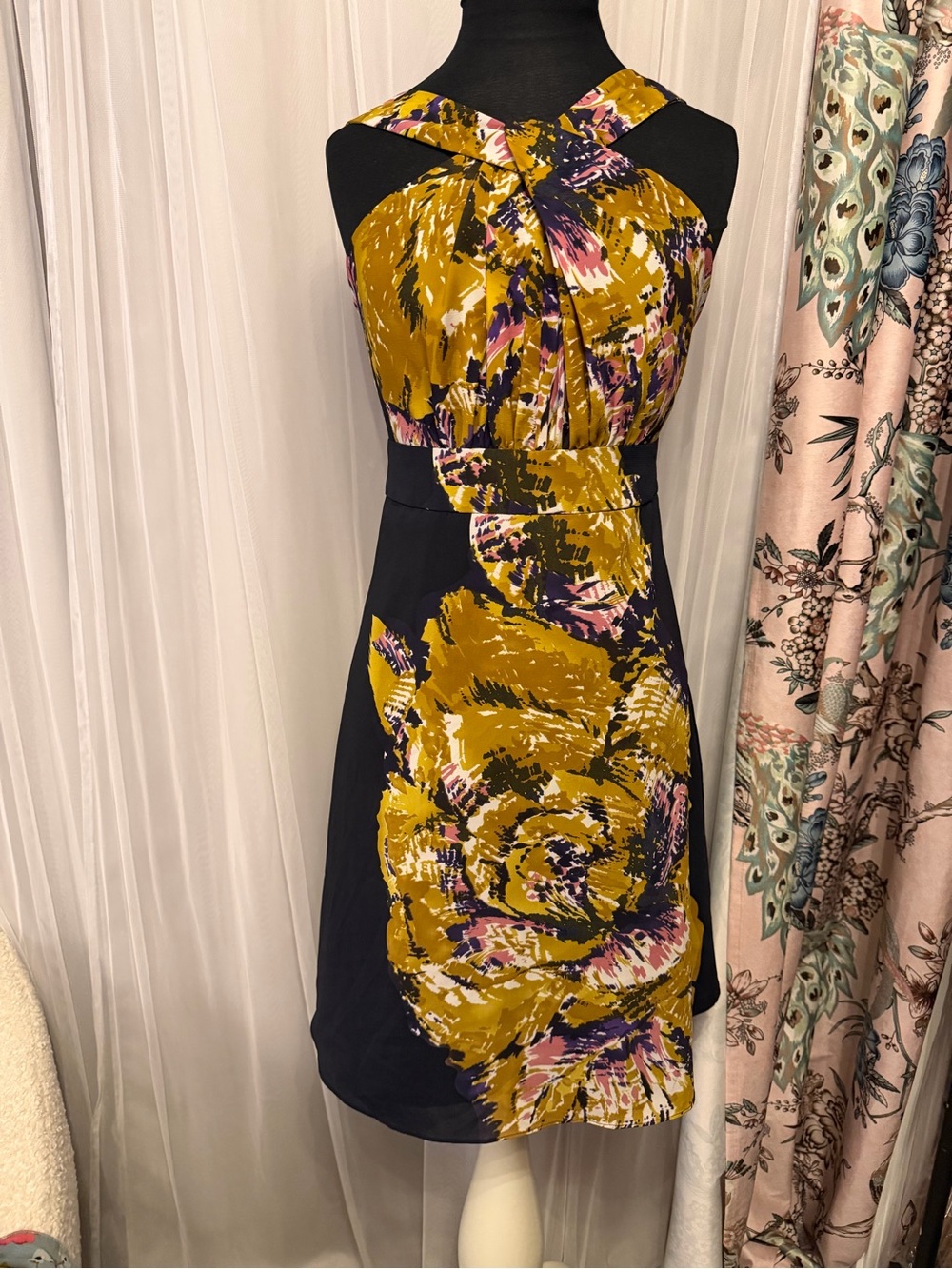 The Limited Navy Midi Dress with Mustard Floral Print